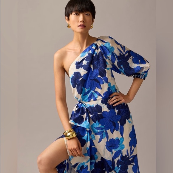 NWT JCrew Collection one-shoulder ruffle-hem dress in painted floral print - Picture 1 of 5